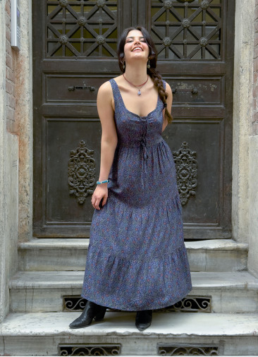 Wide Neckline Front Lace Up Navy Floral Dress 5018