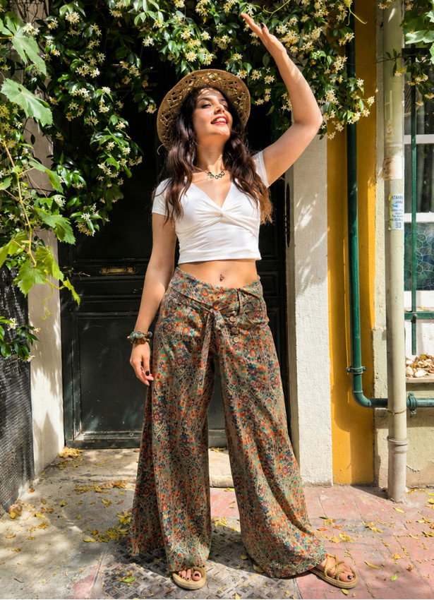 Low Waist Buttoned Green Floral Womens Authentic Trousers 5027