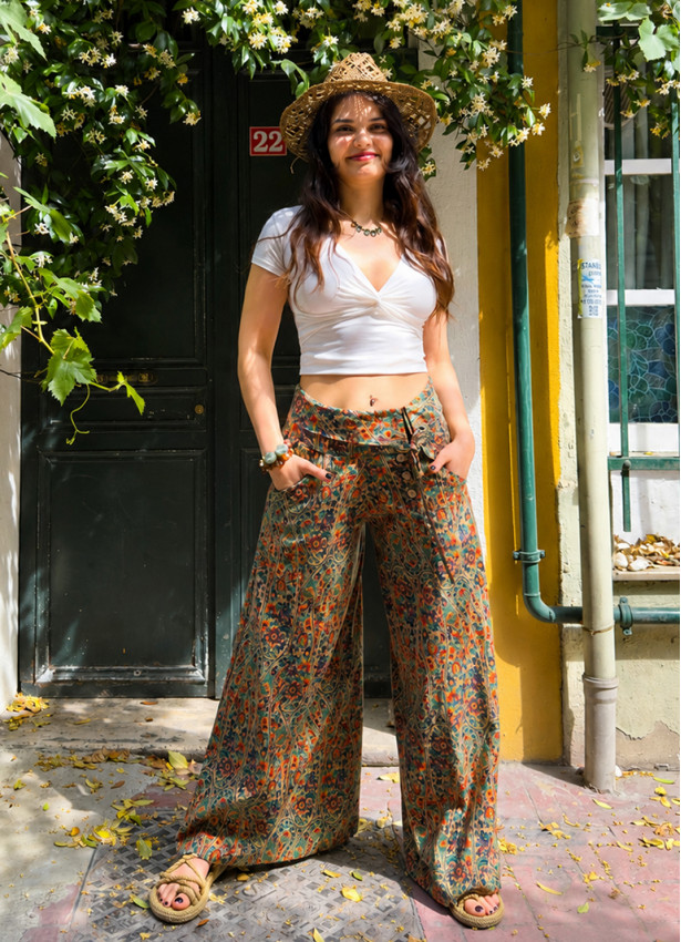 Low Waist Buttoned Green Floral Womens Authentic Trousers 5027
