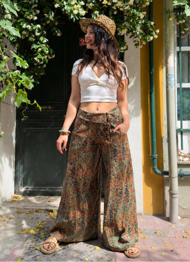 Low Waist Buttoned Green Floral Womens Authentic Trousers 5027