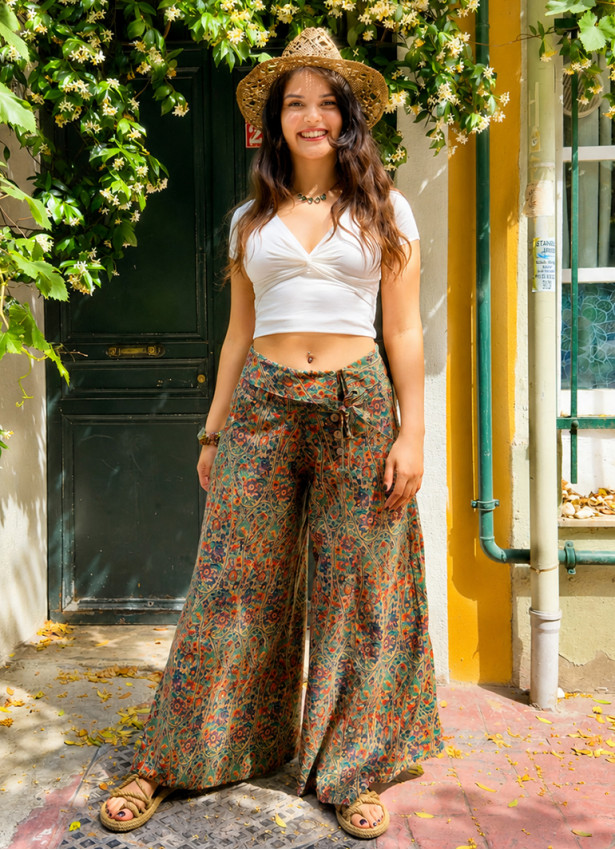 Low Waist Buttoned Green Floral Womens Authentic Trousers 5027