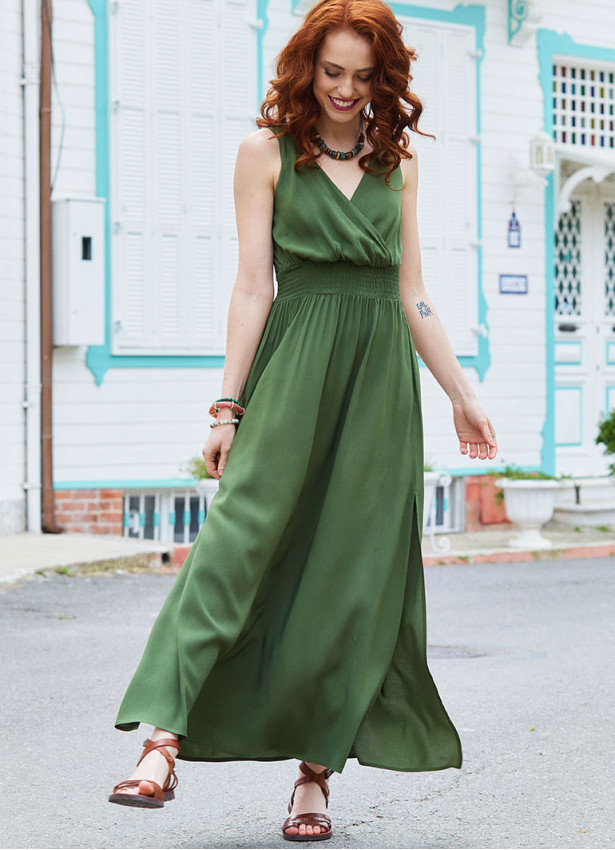 p V Neck Slit Front Khaki Casual Dress 4977