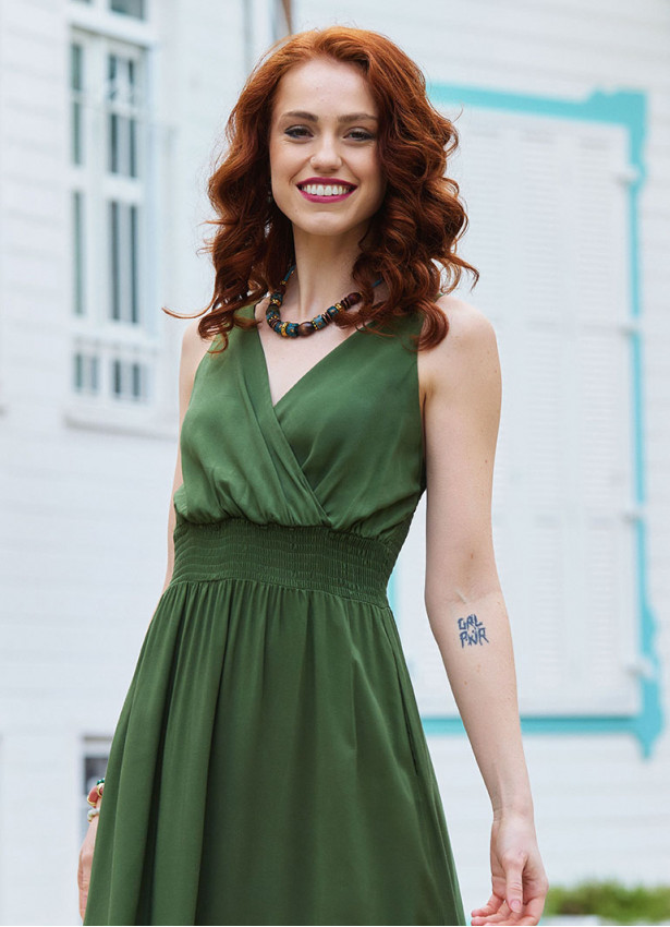 p V Neck Slit Front Khaki Casual Dress 4977