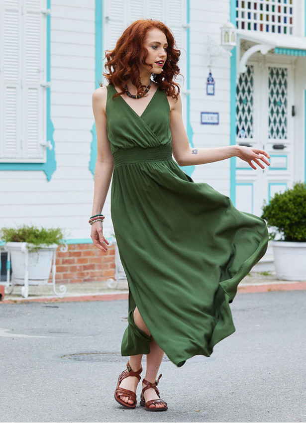 p V Neck Slit Front Khaki Casual Dress 4977