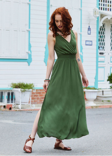 p V Neck Slit Front Khaki Casual Dress 4977