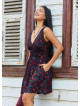 V Neck Black Floral Dress with Belted Waist 5015