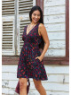 V Neck Black Floral Dress with Belted Waist 5015