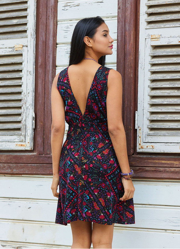 V Neck Black Floral Dress with Belted Waist 5015
