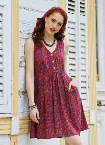 V Neck Button Detail Sleeveless Red Ethnic Dress 5022