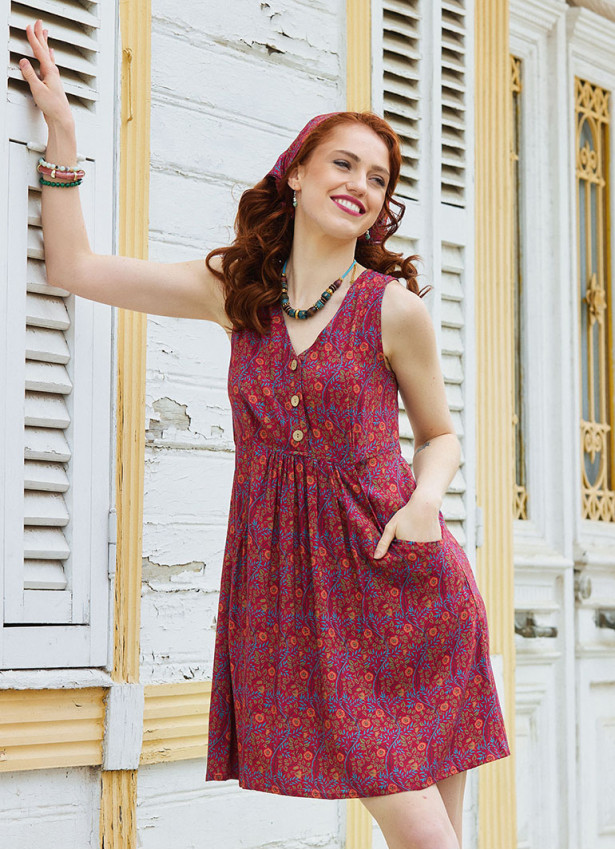 V Neck Button Detail Sleeveless Red Ethnic Dress 5022