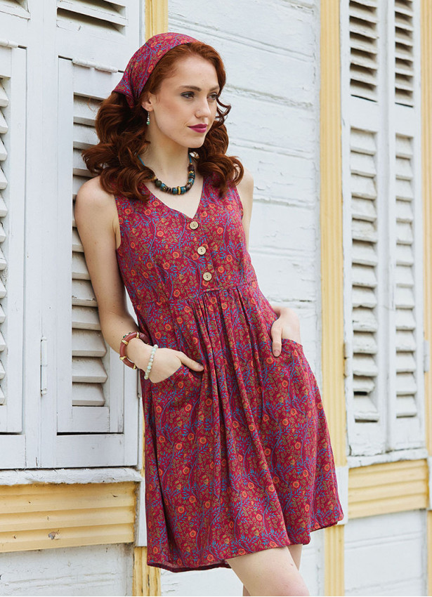V Neck Button Detail Sleeveless Red Ethnic Dress 5022