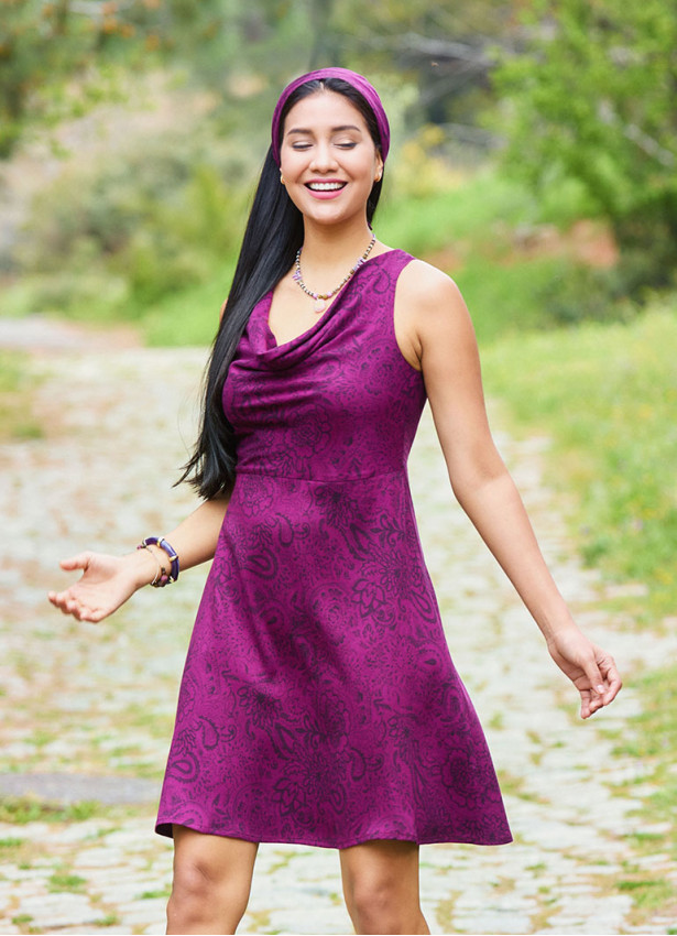 Loose Neck Zipper Front Burgundy Ethnic Dress 5004