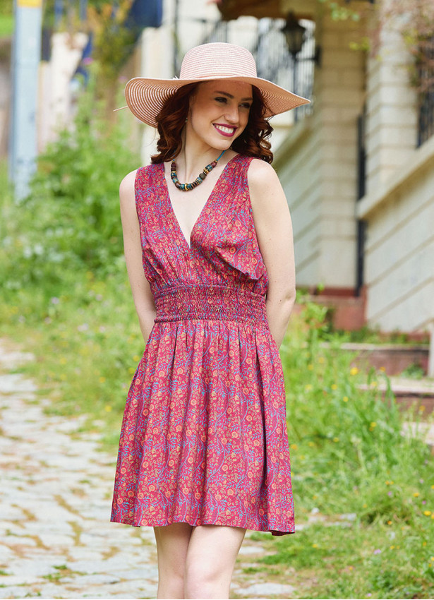 V Neck Red Floral Dress with Belted Waist 5012