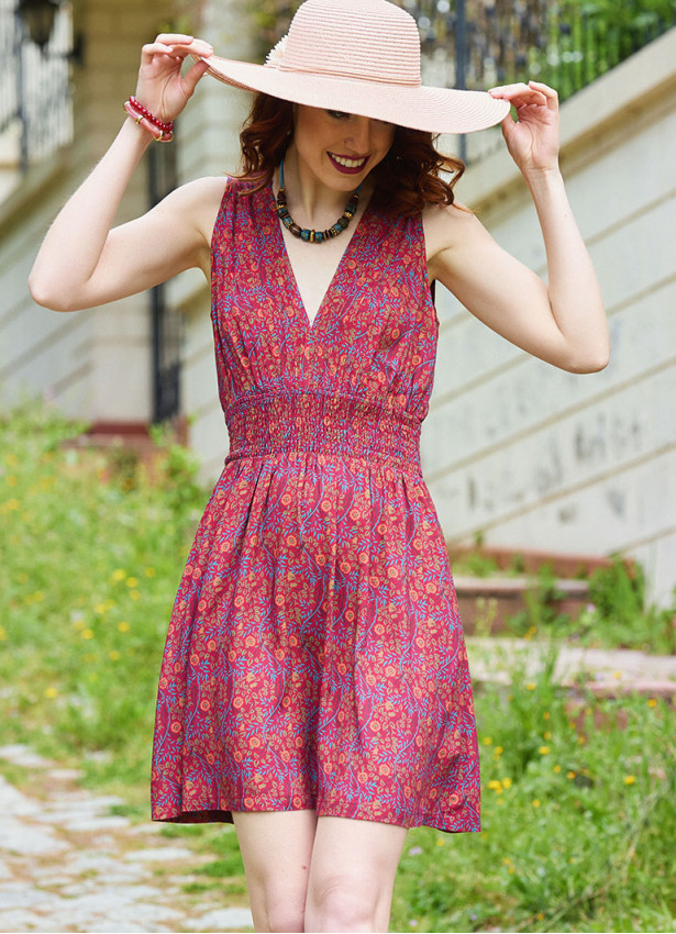 V Neck Red Floral Dress with Belted Waist 5012