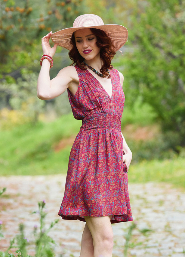 V Neck Red Floral Dress with Belted Waist 5012