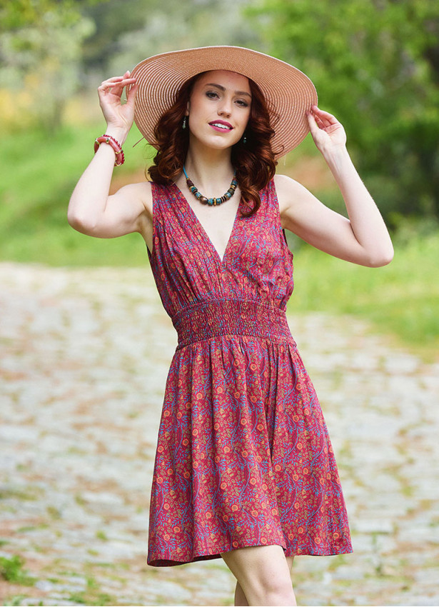 V Neck Red Floral Dress with Belted Waist 5012
