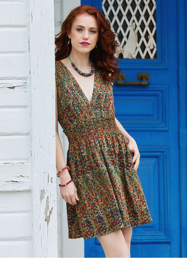 V Neck Green Floral Dress with Belted Waist 5016