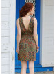 V Neck Green Floral Dress with Belted Waist 5016