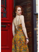 Mustard Colored Floral Dress with Spaghetti Straps, Buttons, and an Open Back  5003