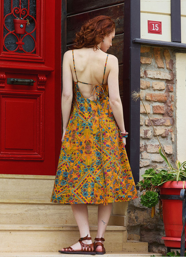 Mustard Colored Floral Dress with Spaghetti Straps, Buttons, and an Open Back  5003