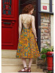 Mustard Colored Floral Dress with Spaghetti Straps, Buttons, and an Open Back  5003