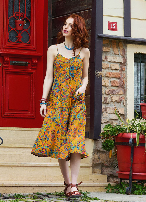 Mustard Colored Floral Dress with Spaghetti Straps, Buttons, and an Open Back  5003