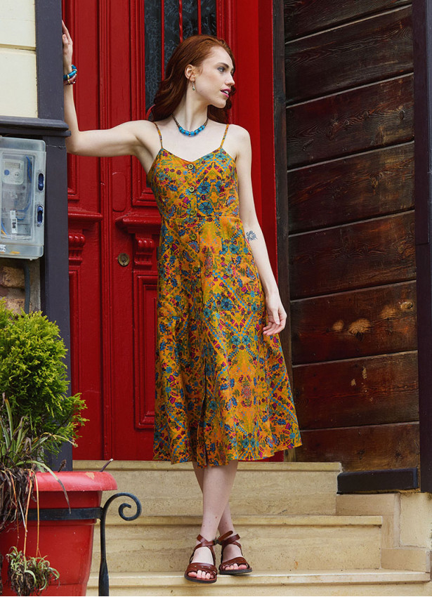 Mustard Colored Floral Dress with Spaghetti Straps, Buttons, and an Open Back  5003