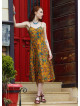 Mustard Colored Floral Dress with Spaghetti Straps, Buttons, and an Open Back  5003