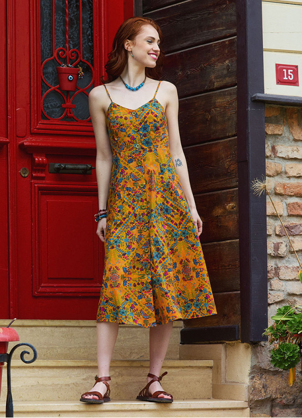 Mustard Colored Floral Dress with Spaghetti Straps, Buttons, and an Open Back  5003