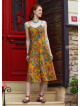 Mustard Colored Floral Dress with Spaghetti Straps, Buttons, and an Open Back  5003