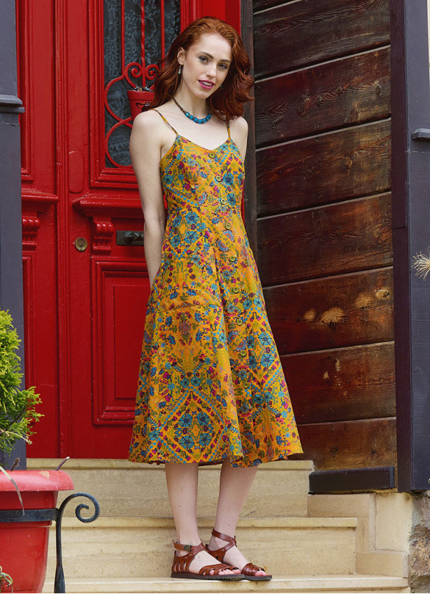 Mustard Colored Floral Dress with Spaghetti Straps, Buttons, and an Open Back  5003