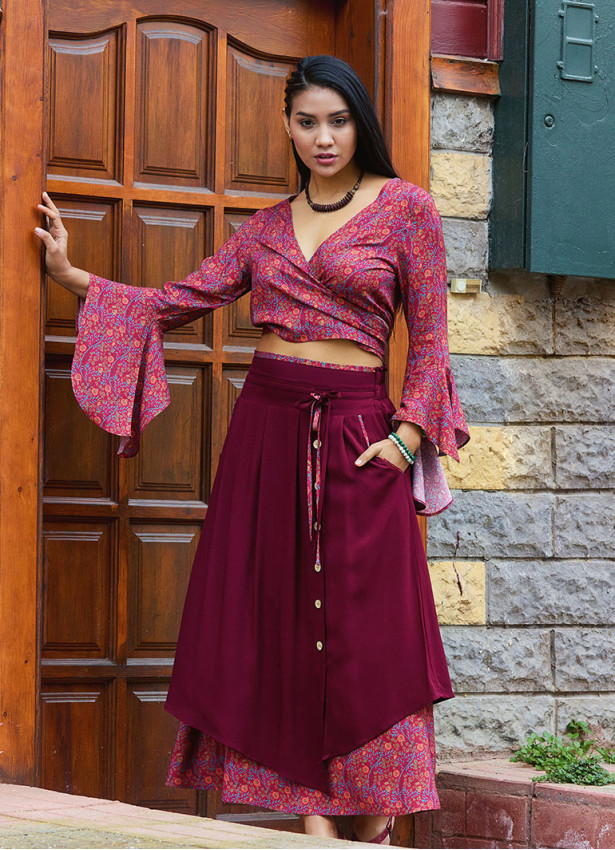 Double Layered Red Floral Skirt with Pockets and Button Details 5028