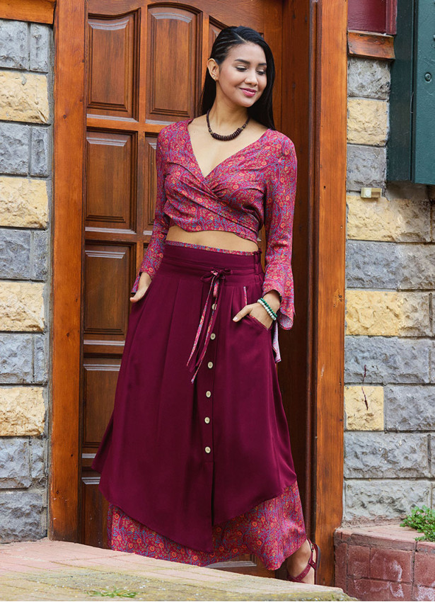 Double Layered Red Floral Skirt with Pockets and Button Details 5028