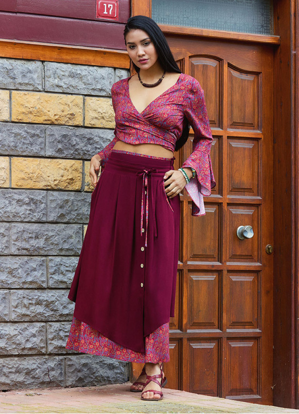 Double Layered Red Floral Skirt with Pockets and Button Details 5028