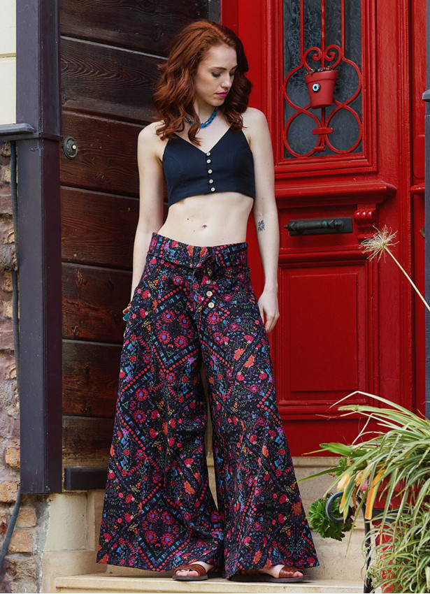 Low Waist Buttoned Black Patterned Womens Authentic Trousers 5017