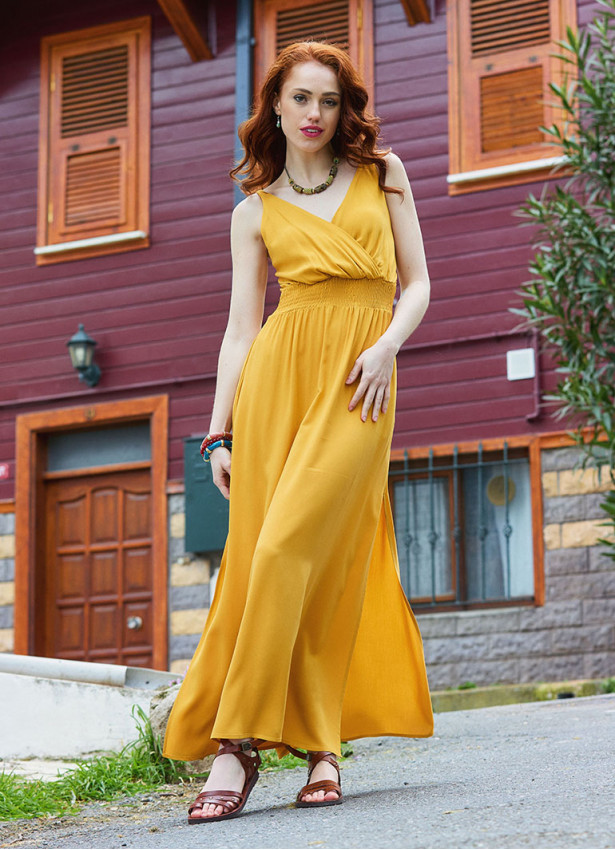 V Neck Slit Front Mustard Summer Dress 4978