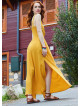 V Neck Slit Front Mustard Summer Dress 4978