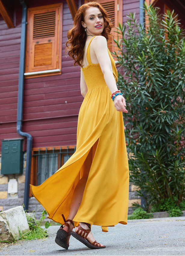 V Neck Slit Front Mustard Summer Dress 4978