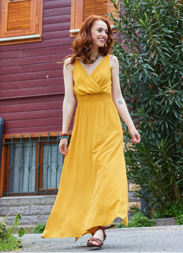 V Neck Slit Front Mustard Summer Dress 4978