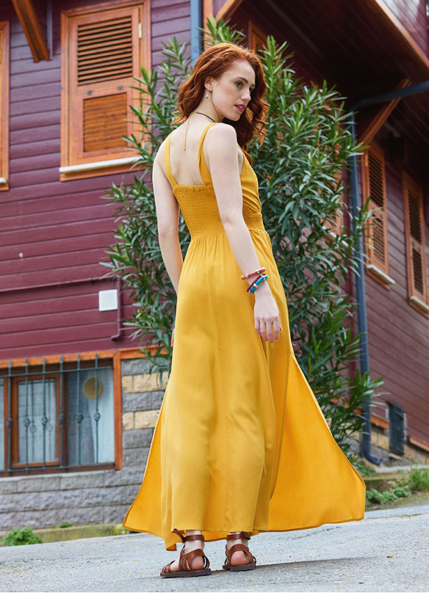 V Neck Slit Front Mustard Summer Dress 4978