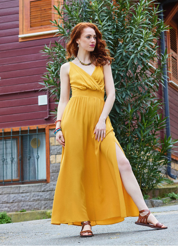 V Neck Slit Front Mustard Summer Dress 4978