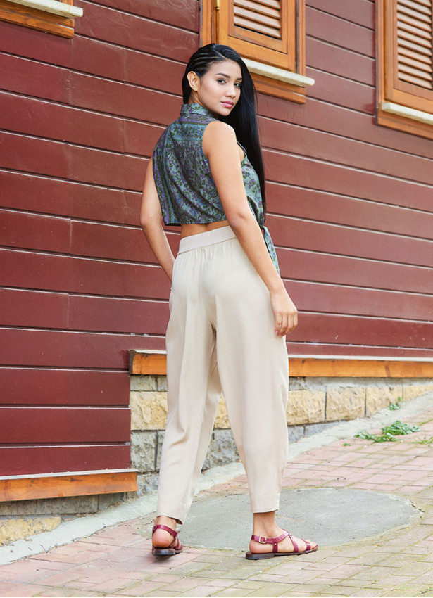 Lace up Waist Pocket Loose Fit Beige Womens Authentic Harem Pants 5011