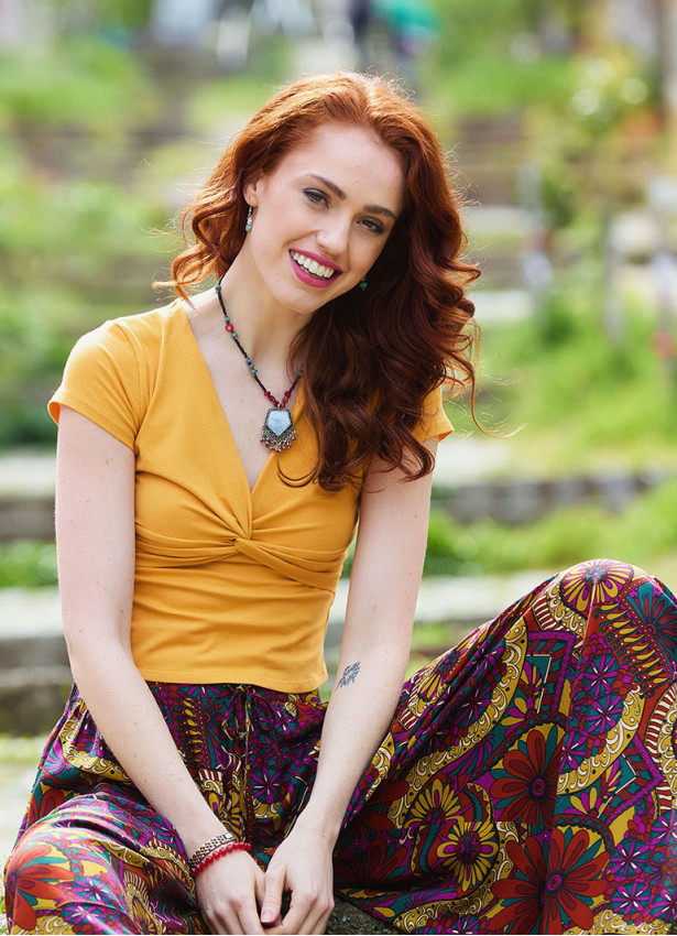 Cross Front Collar Short Sleeve Yellow Summer Blouse  4979