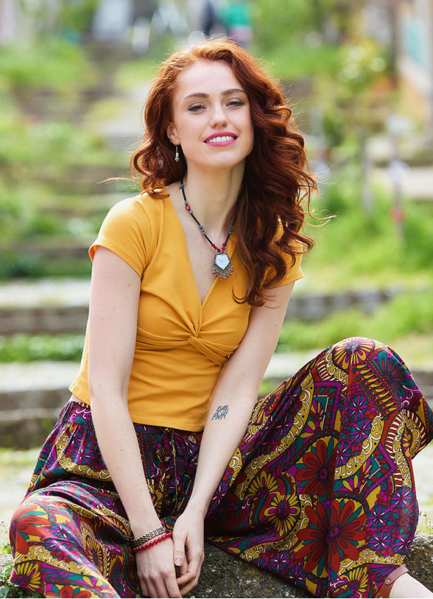 Cross Front Collar Short Sleeve Yellow Summer Blouse  4979