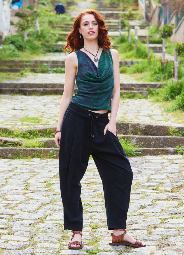 Black Women's Loose Fit Harem Pants with Pockets 5010