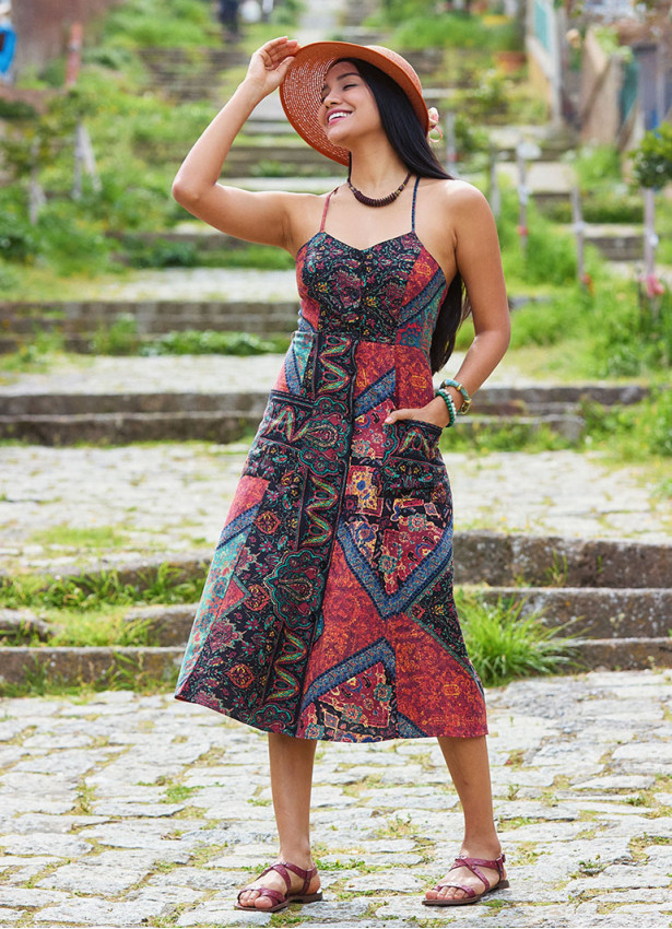 Black Authentic Dress with Spaghetti Straps, Buttons, and an Open Back  5001