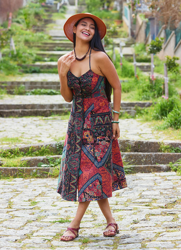 Black Authentic Dress with Spaghetti Straps, Buttons, and an Open Back  5001