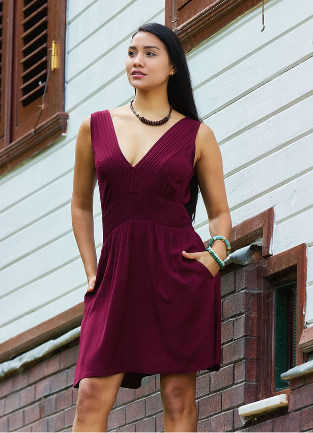 V Neck Belted Waist Burgundy Casual Dress 5014