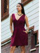 V Neck Belted Waist Burgundy Casual Dress 5014