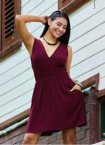 V Neck Belted Waist Burgundy Casual Dress 5014